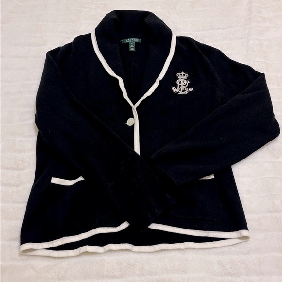 Vintage 90s Ralph Lauren black & cream schoolboy cardigan w/ silver monogram, XL - Picture 3 of 10